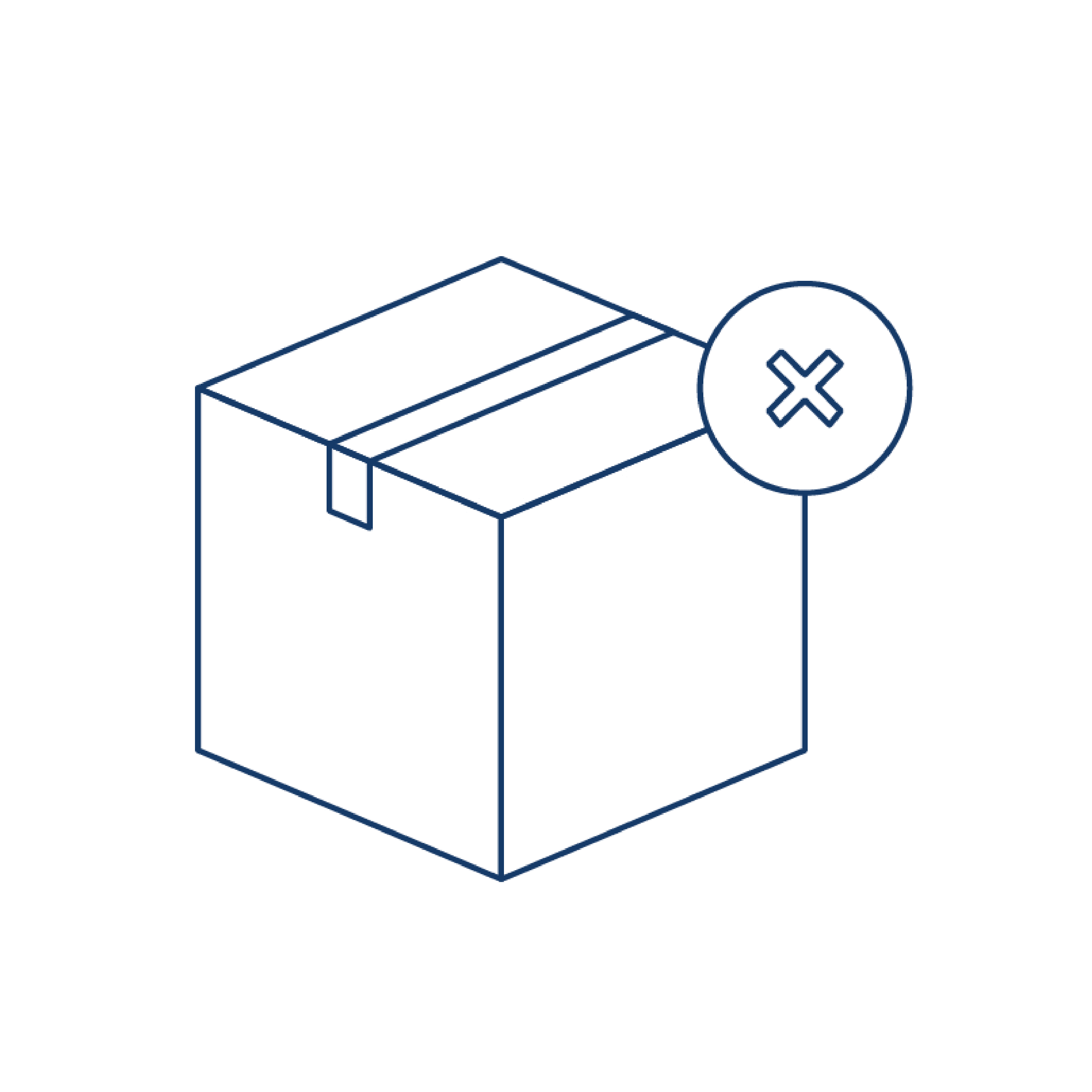 Large icon of a cardboard box with a cross or X sign in the corner